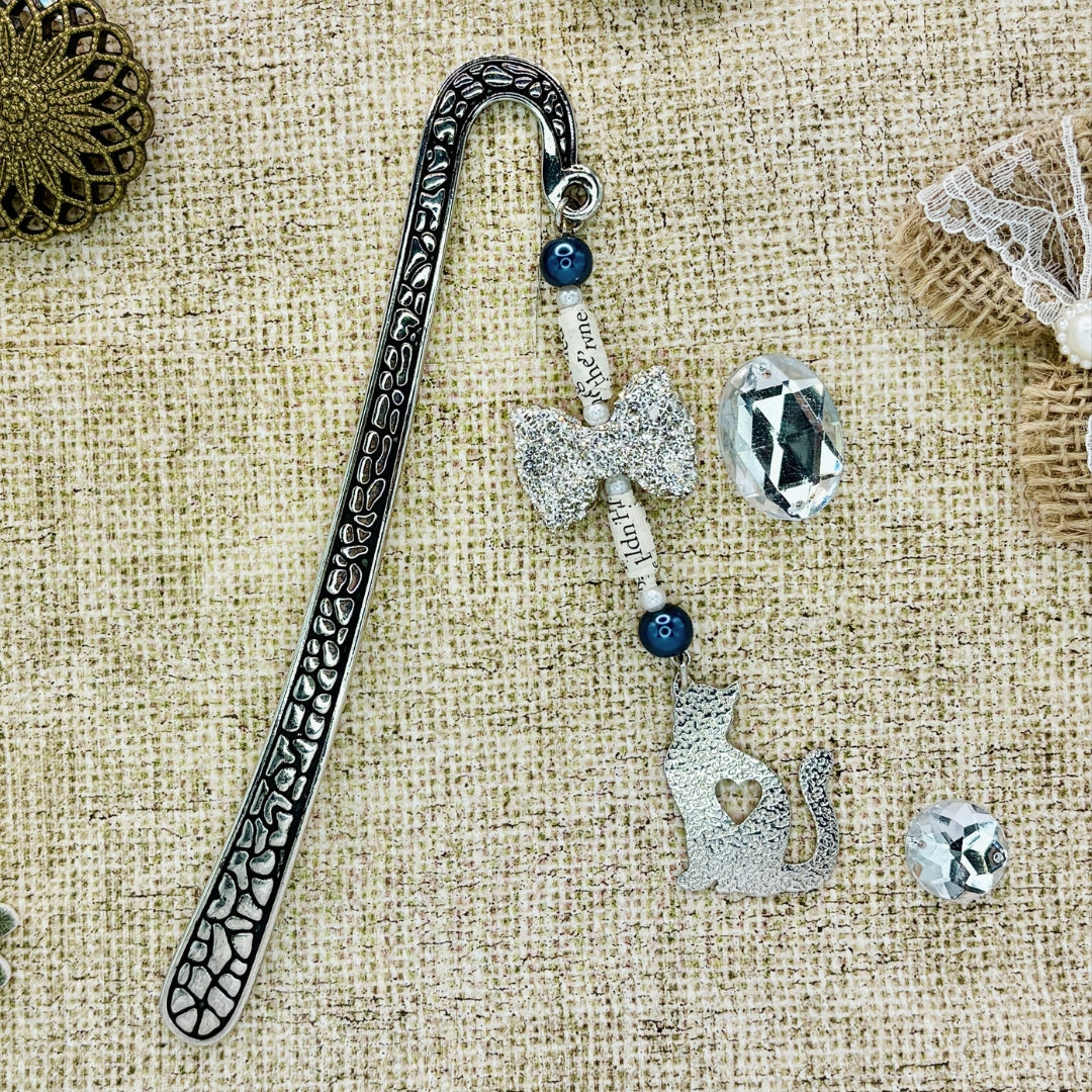 Blue Bow Cat Metal Bookmark