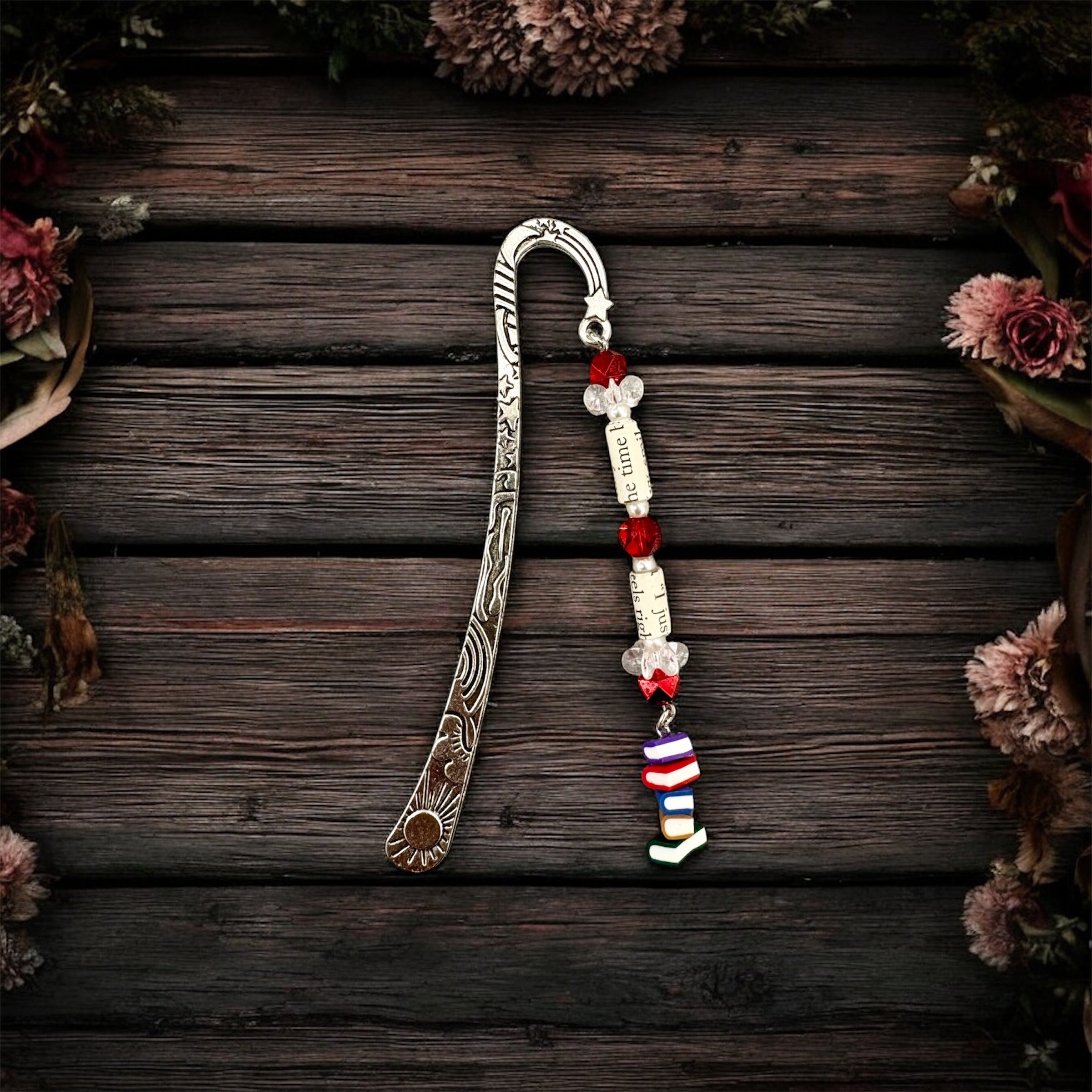 Stacked Stories Beaded Bookmark – Red Sparkle Edition