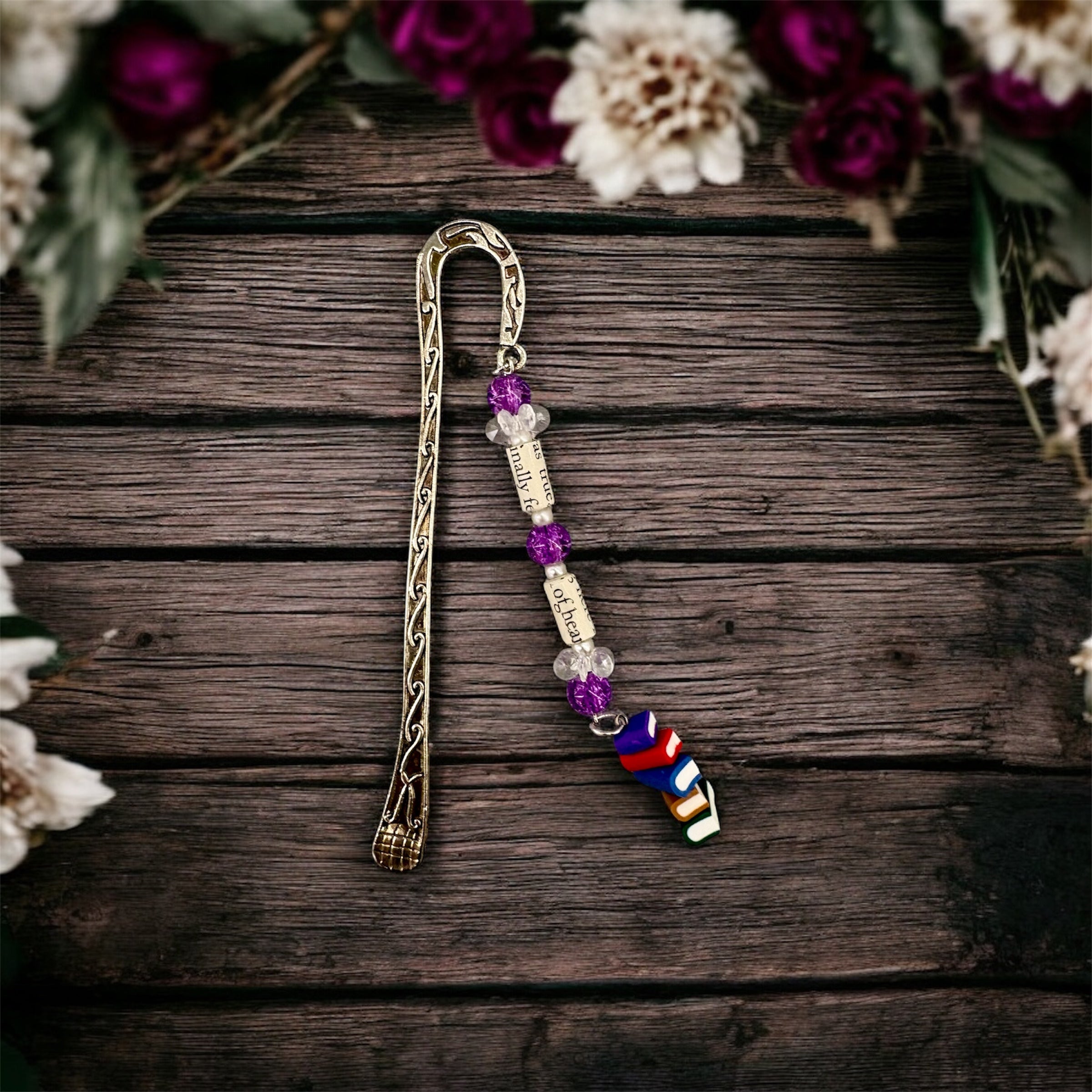Stacked Stories Beaded Bookmark – Purple Sparkle Edition